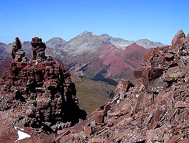 Looking northwest from the base of Belleview's summit pyramid at a sea of peaks