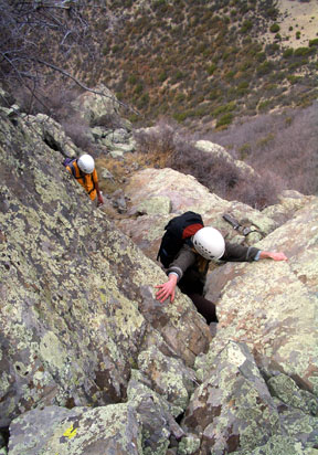 Mike and Debbie Hruza on the Class 3 scrambling near the top of the South Peak
