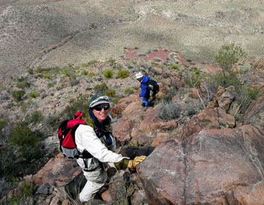Jennifer Roach and Charlie Winger descending the upper northeast ridge