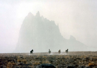 During a sandstorm, wild horses urge the Rock with Wings to merge with the sky